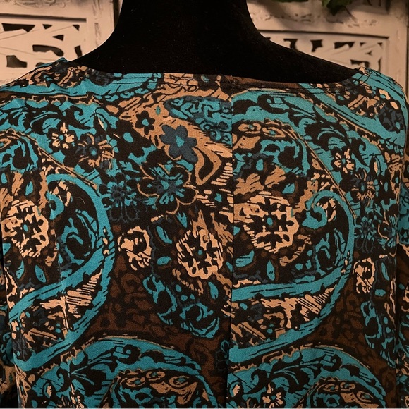 ELEMENTZ EXCELLENT TURQUOISE BLUE & TAN/BROWN SWIRL DESIGN MID SLEEVE MIDI DRESS - Picture 8 of 10